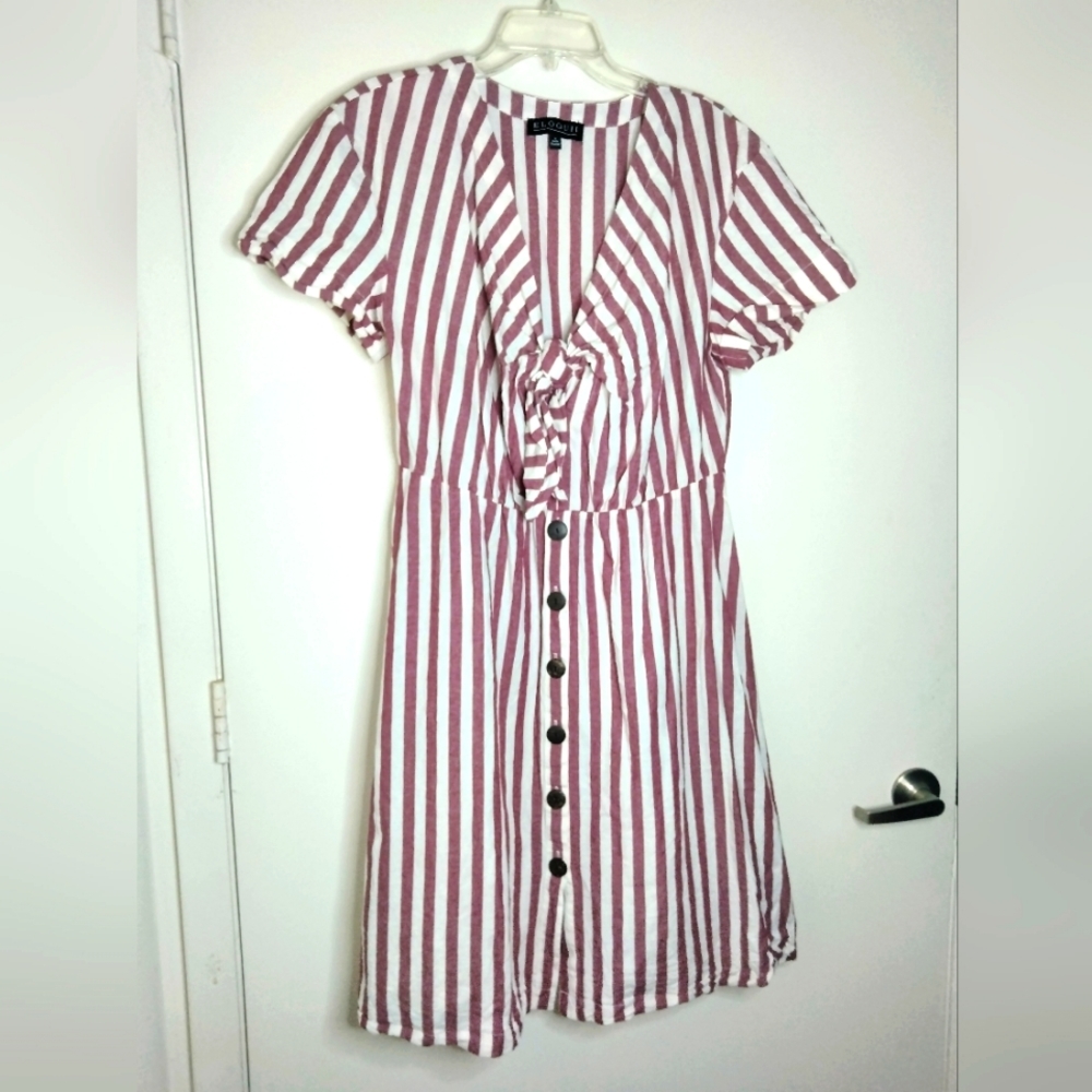 Eloquii (Size M) Multicolor Striped Tie Front Button Down Skirt Hem Cotton Dress